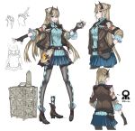  1girl :d absurdres artist_request ass back bangs belt black_gloves blonde_hair blue_eyes blue_skirt bomb boots breasts character_sheet eyebrows_visible_through_hair fingerless_gloves full_body gloves hair_bun hair_ornament hairband half_updo highres holding jacket long_hair long_sleeves looking_at_viewer looking_back medium_breasts multicolored multicolored_clothes multicolored_legwear multiple_views official_art open_mouth outstretched_arm pantyhose pleated_skirt reiley_miller senjou_no_valkyria senjou_no_valkyria_4 simple_background skirt smile star sweater watch white_background 
