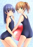  2girls ass ball blue_background blue_hair brown_hair cowboy_shot green_eyes highres long_hair looking_at_viewer looking_back multiple_girls original ponytail school_swimsuit shibacha_(shibacha_0728) short_hair swimsuit tongue tongue_out violet_eyes 