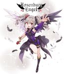  1girl angel_wings ascot asymmetrical_wings bare_shoulders black_bow blush boots bow detached_sleeve dress drill_hair feathered_wings feathers flower frills hair_bow hair_flower hair_ornament halterneck idolmaster idolmaster_cinderella_girls inzup kanzaki_ranko long_hair open_mouth outstretched_arm purple_dress red_eyes rose rosenburg_engel scepter silver_hair single_sleeve sleeveless sleeveless_dress solo sparkle thigh_strap twin_drills twintails wand wings wristband 