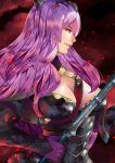  1girl absurdres armor artist_request axe black_armor breasts camilla_(fire_emblem_if) fire_emblem fire_emblem_if hair_over_one_eye highres large_breasts lips long_hair purple_hair smile solo tiara very_long_hair violet_eyes wavy_hair 