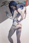  1girl ass big.c blue_hair bodysuit copyright_name darling_in_the_franxx green_eyes hair_ornament hairclip highres ichigo_(darling_in_the_franxx) looking_down pilot_suit short_hair solo spine white_bodysuit 