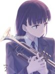  1girl bangs blu-ray_cover blunt_bangs chocolate_hair commentary_request copyright_name eyebrows_visible_through_hair himura_kiseki instrument just_because! mole mole_under_eye morikawa_hazuki school_uniform simple_background trumpet white_background 