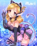  1girl animal_ears arm_support black_gloves blonde_hair breasts brown_eyes cat_ears character_name choker cleavage collarbone elbow_gloves eneco eyebrows_visible_through_hair fake_animal_ears gloves grey_shorts headphones headset highres kneeling love_live! love_live!_sunshine!! medium_breasts microphone ohara_mari short_shorts shorts sleeveless solo star strapless striped striped_legwear thigh-highs w 