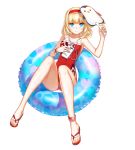  1girl absurdres anklet blonde_hair blue_eyes bracelet casual_one-piece_swimsuit cellphone closers fan full_body hairband highres holding holding_cellphone holding_fan holding_phone innertube jewelry looking_at_viewer official_art one-piece_swimsuit phone red_star_alliance red_swimsuit sandals seulbi_lee simple_background smile solo swimsuit transparent_background white_background 