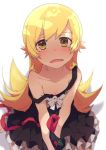  1girl blonde_hair blush collarbone dress fangs frilled_dress frills long_hair looking_at_viewer monogatari_(series) ogipote open_mouth oshino_shinobu ribbon sad simple_background solo tears vampire white_background yellow_eyes 