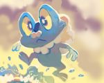  :&lt; blue_skin froakie frog full_body glitchedpuppet jumpipng lowres no_humans pokemon pokemon_(creature) pokemon_(game) pokemon_xy signature solo water 