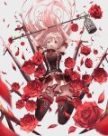  1girl absurdres armlet bent_knees black_legwear breasts cage flower from_below full_body highres holding jewelry jumping long_hair looking_at_viewer momingie original pendant pink_eyes pink_hair pleated_skirt rose skirt sleeveless sword thigh-highs weapon zettai_ryouiki 