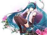  1girl aqua_eyes aqua_hair boots detached_sleeves flower full_body hatsune_miku headphones headset high_heels kashiwaba_en long_hair looking_at_viewer necktie pigeon-toed sitting skirt solo spring_onion staff_(music) thigh-highs thigh_boots twintails very_long_hair vocaloid 