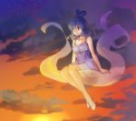  1girl alternate_costume bangs bare_arms blue_dress blue_hair brown_eyes closed_mouth clouds cloudy_sky dress dusk full_body hair_rings kaku_seiga looking_to_the_side makuwauri shawl sitting sky smile solo star_(sky) sun touhou white_footwear 