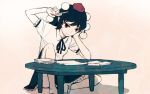  1girl barefoot black_hair chin_rest frown hat meimaru_inuchiyo neck_ribbon paper pencil pointy_ears pom_pom_(clothes) red_eyes ribbon shameimaru_aya short_hair sitting skirt solo table tokin_hat touhou 