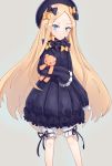  1girl abigail_williams_(fate/grand_order) black_bow black_dress black_hat black_ribbon blonde_hair blue_eyes bow dress fate/grand_order fate_(series) grey_background hair_bow hat highres long_hair looking_at_viewer lulumiya_(abbb1233) polka_dot polka_dot_bow ribbon short_dress shorts shorts_under_dress simple_background sleeves_past_fingers solo stuffed_animal stuffed_toy teddy_bear very_long_hair white_shorts yellow_bow 