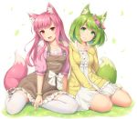  2girls :d animal_ears bangs blunt_bangs blush bracelet breasts closed_mouth collarbone commentary_request dress eyebrows_visible_through_hair fox_ears fox_tail green_eyes green_hair head_tilt head_wreath jewelry leaf long_hair looking_at_viewer medium_breasts multiple_girls open_clothes open_mouth original overalls pink_eyes pink_hair ribbon sasaame short_hair short_sleeves simple_background sitting smile socks tail thigh-highs tug white_background white_legwear wreath yokozuwari 