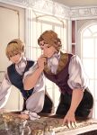  2boys ai-wa blonde_hair brothers desk european_clothes fire_emblem fire_emblem_if leon_(fire_emblem_if) male_focus marks_(fire_emblem_if) multiple_boys open_mouth red_eyes short_hair siblings smile tiara 