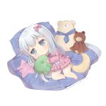  1girl bangs barefoot blue_eyes blush bow chibi closed_mouth commentary_request crescent eromanga_sensei eyebrows_visible_through_hair foreign_blue frilled_shirt frilled_shorts frilled_sleeves frills hair_bow holding holding_stuffed_animal izumi_sagiri long_hair long_sleeves looking_at_viewer lying on_side pillow pink_bow pink_pajamas pink_shirt pink_shorts shirt short_shorts shorts silver_hair simple_background solo star stuffed_animal stuffed_octopus stuffed_toy teddy_bear very_long_hair watermark web_address white_background 