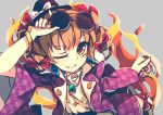  1girl aura bow bracelet coat dise dress drill_hair earrings eyewear_on_head gold hat hat_bow high_collar jewelry light_brown_hair necklace one_eye_closed orange_eyes ribbon ring round_eyewear smile sunglasses top_hat touhou twin_drills white_dress yorigami_jo&#039;on 