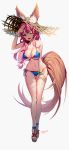  1girl absurdres animal_ears bikini blue_bikini breasts cleavage collarbone doyoom ears_through_headwear fang fate/grand_order fate_(series) fox_ears fox_tail hat highres large_breasts long_hair navel one_eye_closed open_mouth pink_hair side-tie_bikini simple_background solo straw_hat swimsuit tail tamamo_(fate)_(all) tamamo_no_mae_(swimsuit_lancer)_(fate) white_background yellow_eyes 