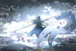  1girl banner blonde_hair closed_eyes dress fate/apocrypha fate_(series) floating_hair from_behind full_body holding holding_weapon jeanne_d&#039;arc_(fate) jeanne_d&#039;arc_(fate)_(all) long_hair outdoors petals solo standing very_long_hair weapon white_dress 