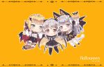  3girls :&lt; :d animal_ears bangs black_cape black_footwear black_gloves black_legwear black_skirt blonde_hair blush boots braid brown_eyes brown_footwear cape chibi closed_mouth commentary_request cross crown_braid cup drinking_glass eyebrows_visible_through_hair fang fang_out foreign_blue girls_frontline gloves green_eyes hair_between_eyes hair_ornament hairclip halloween holding holding_drinking_glass iws-2000_(girls_frontline) knee_boots long_hair long_sleeves looking_at_viewer multicolored multicolored_cape multicolored_clothes multiple_girls open_mouth orange_background outstretched_arms p7_(girls_frontline) red_wings shirt silver_hair skirt sleeves_past_wrists smile spread_arms thigh-highs triangle_mouth trick_or_treat upper_teeth very_long_hair welrod_mk2_(girls_frontline) white_legwear white_shirt wide_sleeves wine_glass wing_hair_ornament wings 