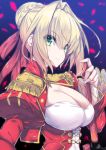 1girl bangs blonde_hair braid breasts cleavage commentary_request dress eyebrows_visible_through_hair fate/extra fate_(series) fingernails green_eyes hair_between_eyes hair_bun hair_intakes jacket juliet_sleeves large_breasts long_sleeves looking_away nero_claudius_(fate) nero_claudius_(fate)_(all) noto_kurumi parted_lips petals puffy_sleeves red_dress red_jacket solo 