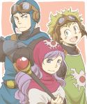  1girl 2boys breasts commentary_request curly_hair dragon_quest dragon_quest_ii dress goggles goggles_on_head hood long_hair multiple_boys prince_of_lorasia prince_of_samantoria princess_of_moonbrook purple_hair short_hair spiky_hair staff weapon white_dress white_robe 