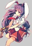  1girl animal_ears blouse carrot collared_blouse dise gun highres long_hair lunatic_gun medium_skirt necktie pink_skirt pleated_skirt purple_hair rabbit_ears red_eyes red_neckwear reisen_udongein_inaba short_sleeves skirt solo touhou very_long_hair weapon white_blouse 