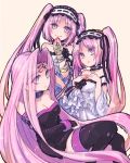  3girls bare_shoulders black_dress black_legwear black_ribbon blush breasts bridal_gauntlets choker cleavage closed_mouth collarbone dress euryale eyebrows eyebrows_visible_through_hair eyes_visible_through_hair facial_mark facing_away fate/grand_order fate/hollow_ataraxia fate/stay_night fate_(series) forehead_mark frown hair_intakes hairband hand_on_own_face lolita_fashion lolita_hairband long_hair looking_at_viewer medium_breasts multiple_girls no_nose open_mouth purple_choker purple_hair ribbon ribbon-trimmed_choker ribbon-trimmed_clothes ribbon-trimmed_hairband ribbon_trim rider short_dress siblings simple_background sisters smile sparkle stheno straight_hair strapless strapless_dress sunagimo_(nagimo) thigh-highs twintails twitter_username very_long_hair violet_eyes white_choker white_dress white_hairband zettai_ryouiki 