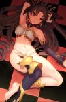  1girl anklet arm_up asymmetrical_legwear asymmetrical_sleeves bangs bare_shoulders black_hair crown detached_collar earrings elbow_gloves fate/grand_order fate_(series) gloves highres hoop_earrings ishtar_(fate/grand_order) jewelry lolihorn looking_at_viewer lying navel neck_ring on_back parted_bangs red_eyes single_elbow_glove single_thighhigh smile solo thigh-highs two_side_up 
