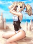  1girl arms_up bangs bare_arms bare_shoulders beach blonde_hair blue_eyes blue_sky blush breasts casual_one-piece_swimsuit closed_mouth corset day eyebrows_visible_through_hair feet_out_of_frame fire_emblem fire_emblem:_kakusei frilled_swimsuit frills gigamessy groin hairdressing halterneck lens_flare liz_(fire_emblem) looking_up ocean on_ground one-piece_swimsuit outdoors parted_bangs sand sand_castle sand_sculpture shore sitting sky small_breasts smile solo swimsuit thighs twintails wariza white_swimsuit 