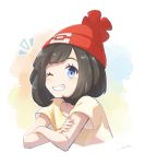  1girl beanie black_hair blue_eyes crossed_arms grin hat miu_(miuuu_721) mizuki_(pokemon) one_eye_closed pokemon pokemon_(game) pokemon_sm red_hat short_hair short_sleeves smile solo 