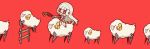  1girl absurdres altera_(fate) altera_the_santa chibi commentary_request fake_mustache fate/grand_order fate_(series) fence highres jumping nuu_(nu-nyu) red_background red_eyes riding sheep silver_hair simple_background veil 