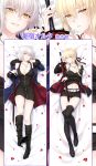  2girls ahoge artoria_pendragon_(all) bed_sheet belt black_dress black_footwear black_jacket black_legwear black_ribbon black_shirt black_shorts blonde_hair blue_jacket boots breasts cleavage collarbone dakimakura dark_excalibur dress eyebrows_visible_through_hair fate/grand_order fate_(series) from_above fur_trim hair_between_eyes hair_ribbon head_tilt highres holding holding_sword holding_weapon jacket jeanne_d&#039;arc_(alter)_(fate) jeanne_d&#039;arc_(fate)_(all) jewelry knee_boots large_breasts long_hair looking_at_viewer lying menggongfang midriff multiple_girls navel necklace on_back open_clothes open_jacket parted_lips partially_unzipped ponytail ribbon saber_alter shirt short_dress short_hair short_shorts shorts silver_hair sleeveless sleeveless_dress sleeveless_shirt stomach sword thigh-highs unzipped weapon yellow_eyes 