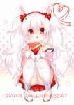  1girl :o animal_ears azur_lane bangs box camisole chihiro_(khorosho) chocolate chocolate_heart commentary_request eyebrows_visible_through_hair gift gift_box hair_between_eyes hair_ornament hairband heart heart-shaped_box highres holding holding_gift jacket laffey_(azur_lane) long_hair long_sleeves looking_at_viewer off_shoulder panties pantyshot pantyshot_(squatting) parted_lips pink_jacket pleated_skirt rabbit_ears red_eyes red_hairband shoes silver_hair simple_background sitting skirt sleeves_past_wrists solo squatting strap_slip striped striped_panties thigh-highs twintails underwear very_long_hair white_camisole white_footwear white_legwear zettai_ryouiki 