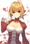  1girl ahoge blonde_hair breasts cleavage closed_mouth corset epaulettes fate/extra fate_(series) hair_ribbon highres light_smile looking_at_viewer medium_breasts mongarit nero_claudius_(fate) nero_claudius_(fate)_(all) red_ribbon ribbon short_hair smile solo upper_body 