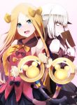  2girls :d abigail_williams_(fate/grand_order) bangs bare_shoulders between_fingers black_bow black_skirt blonde_hair blue_eyes blush bow card closed_mouth collared_shirt detached_sleeves elbow_gloves fate/grand_order fate_(series) gloves hair_bow head_tilt holding holding_card lavinia_whateley_(fate/grand_order) long_hair long_sleeves looking_at_viewer multiple_girls open_mouth orange_bow orange_gloves parted_bangs pink_background pink_eyes pink_shirt polka_dot polka_dot_bow shirt simple_background skirt sleeveless sleeveless_shirt smile very_long_hair wadakazu wand white_hair wide-eyed 