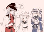  3girls ainu_clothes animal blue_eyes blue_hair blush breasts brown_gloves closed_eyes closed_mouth commentary_request dress gangut_(kantai_collection) gloves grey_hair hair_between_eyes hair_ornament hairclip hat headband hibiki_(kantai_collection) itomugi-kun jacket jacket_on_shoulders kamoi_(kantai_collection) kantai_collection long_hair looking_at_another medium_breasts military military_uniform multicolored_hair multiple_girls naval_uniform no_hat no_headwear ponytail rabbit red_eyes red_shirt remodel_(kantai_collection) sailor_collar sailor_dress sailor_hat scar scar_on_cheek school_uniform serafuku shirt silver_hair simple_background translation_request uniform verniy_(kantai_collection) white_hair 