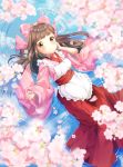  1girl bow brown_hair cherry_blossoms day flower hand_on_own_cheek hand_up highres japanese_clothes kimono long_hair lying on_back original outdoors pink_bow ripples smile torokeru_none wide_sleeves 