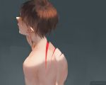  1boy back_turned bare_back brown_hair deep_wound grey_background injury loika looking_away male_focus original shaded_face shirtless short_hair simple_background watermark 