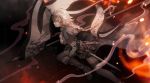  1girl alternate_costume armor banner bodysuit br_beelzebub braid breasts fate/grand_order fate_(series) floating_hair gauntlets hair_between_eyes highres holding holding_weapon jeanne_d&#039;arc_(alter)_(fate) jeanne_d&#039;arc_(fate)_(all) long_hair medium_breasts orange_eyes parted_lips running silver_hair solo very_long_hair weapon 