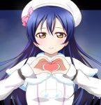  1girl bangs blue_hair blush commentary_request detached_sleeves fur_trim hair_between_eyes hat heart heart_hands long_hair looking_at_viewer love_live! love_live!_school_idol_project ribbon simple_background smile snow_halation solo sonoda_umi upper_body wewe yellow_eyes 