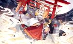  1girl architecture arrow bell bow_(weapon) closed_eyes east_asian_architecture fox fox_tail highres japanese_clothes lyodi miketsu_(onmyoji) miko mirror moon night night_sky onmyoji red_eyes sandals sky solo stairs tail weapon white_hair 
