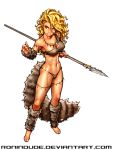  1girl arm_warmers armlet bared_teeth barefoot blonde_hair breasts cave_elf_(ronindude) cleavage elf erect_nipples full_body highres holding holding_weapon leg_warmers lips long_hair medium_breasts navel original pointy_ears polearm ronindude single_strap solo spear tail toned weapon 
