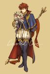  1boy blue_eyes cape eliwood_(fire_emblem) fire_emblem fire_emblem:_rekka_no_ken fire_emblem_heroes flower full_body goldtectonic highres male_focus redhead short_hair smile solo 