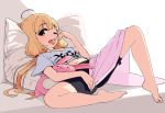  1girl :p ahoge barefoot bed bike_shorts black_shorts blonde_hair blush breasts brown_eyes candy clothes_writing commentary_request covering covering_crotch eyelashes food full_body futaba_anzu hair_ornament hair_tie hand_up holding holding_food idolmaster idolmaster_cinderella_girls lollipop long_hair looking_at_viewer low_twintails lying midriff navel neet omaru_gyuunyuu on_back on_bed one_eye_closed pillow shirt shirt_lift short_shorts shorts solo spread_legs stomach stuffed_animal stuffed_bunny stuffed_toy t-shirt toenails toes tongue tongue_out twintails white_shirt 