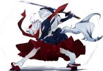  1girl animal_ears arm_up bent_knee cape commentary_request highres ikurauni inubashiri_momiji looking_to_the_side multicolored multicolored_clothes red_footwear shoes_removed solo sword touhou weapon white_background white_legwear wolf_ears 