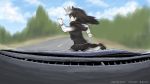  antlers brown_hair car ground_vehicle kemono_friends long_hair long_sleeves miraruto_(h3yja) moose_(kemono_friends) moose_ears moose_tail motor_vehicle open_mouth pantyhose road running scarf skirt sweater 