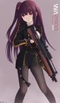  1girl blush bullpup character_name feet_out_of_frame girls_frontline gloves gun highres keenh long_hair looking_to_the_side pantyhose purple_hair red_eyes rifle scope side_ponytail simple_background sniper_rifle solo trigger_discipline wa2000_(girls_frontline) walther walther_wa_2000 weapon 