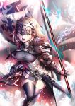  1girl armor armored_dress bangs black_dress black_legwear blonde_hair breasts chains commentary_request dress eyebrows_visible_through_hair fate/apocrypha fate/grand_order fate_(series) fur_trim gauntlets headpiece highres holding holding_sword holding_weapon jeanne_d&#039;arc_(alter)_(fate) jeanne_d&#039;arc_(fate)_(all) large_breasts looking_at_viewer open_mouth sheath solo suishougensou sword thigh-highs v-shaped_eyebrows weapon yellow_eyes 