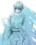  1boy armor blue double-breasted horikawa_kunihiro japanese_armor kiwame_(touken_ranbu) kusazuri long_coat male_focus monochrome muku_(pixiv3207772) scarf solo touken_ranbu 