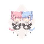  2girls :d absurdres animal_ears apron bangs black_dress black_footwear black_ribbon blue_eyes blue_hair blush cat_ears cat_girl cat_tail chibi commentary_request detached_sleeves dress eyebrows_visible_through_hair fang foreign_blue frilled_apron frilled_dress frills hair_ornament hair_over_one_eye hands_together highres kemonomimi_mode long_sleeves looking_at_viewer maid mary_janes multiple_girls open_mouth pantyhose parted_lips pink_eyes pink_hair ram_(re:zero) re:zero_kara_hajimeru_isekai_seikatsu rem_(re:zero) ribbon shoes short_hair siblings sisters sleeveless sleeveless_dress sleeves_past_wrists smile standing standing_on_one_leg symmetry tail twins white_apron white_legwear wide_sleeves x_hair_ornament 