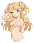  1girl arm_up bikini_top blonde_hair bow breasts cleavage earrings hair_bow halterneck idolmaster idolmaster_cinderella_girls jewelry jorin jougasaki_rika long_hair navel open_mouth scrunchie simple_background small_breasts solo striped_bikini_top two_side_up white_background wrist_scrunchie yellow_eyes 